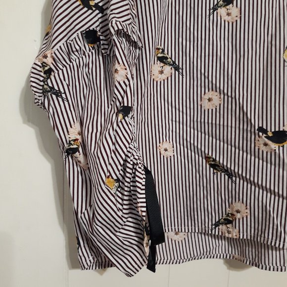 Nanette Lepore Medium striped bird summer spring Print Tie Bell Sleeve Blouse - Picture 6 of 10